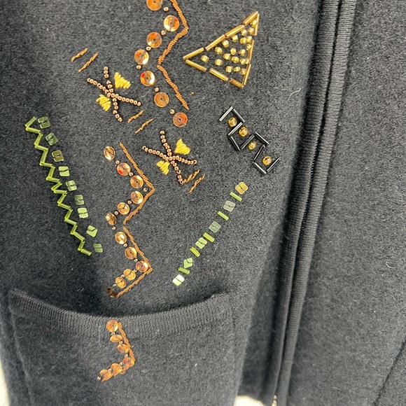 Chico’s 1 wool black zip front sweater jacket beaded sequins M bronze fall work - Picture 7 of 13